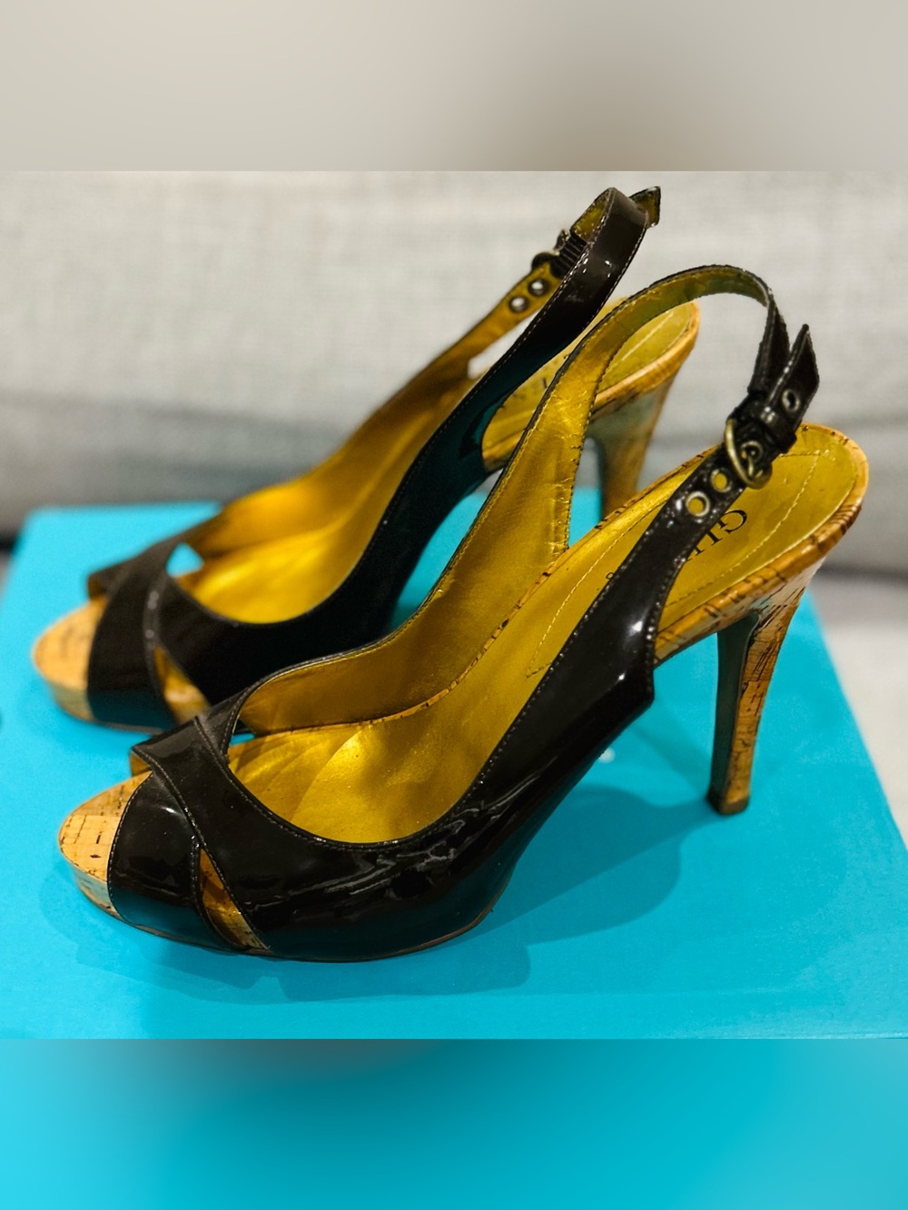 Guess by Marciano Brown Patent Slingback Heels with Cork Accents